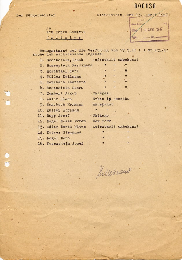 Schreiben des Bürgermeisters in Niedenstein an den Landrat in Fritzlar. Liste der jüdischen Geschäfte und Bewohner vor 1933, 13. April 1947