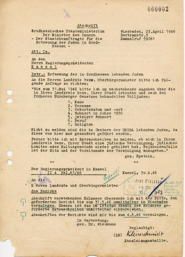 Abschrift eines Schreibens des hessischen Innenministers als Staatsbeauftragter für die Betreuung der Juden in Großhessen an die Regierungspräsidenten. Erfassung der in Hessen lebenden Juden, 23. April 1946