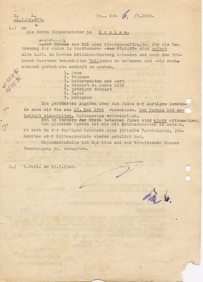 Abschrift eines Schreibens des hessischen Innenministers als Staatsbeauftragter für die Betreuung der Juden in Großhessen an die Regierungspräsidenten. Erfassung der in Hessen lebenden Juden, 23. April 1946
