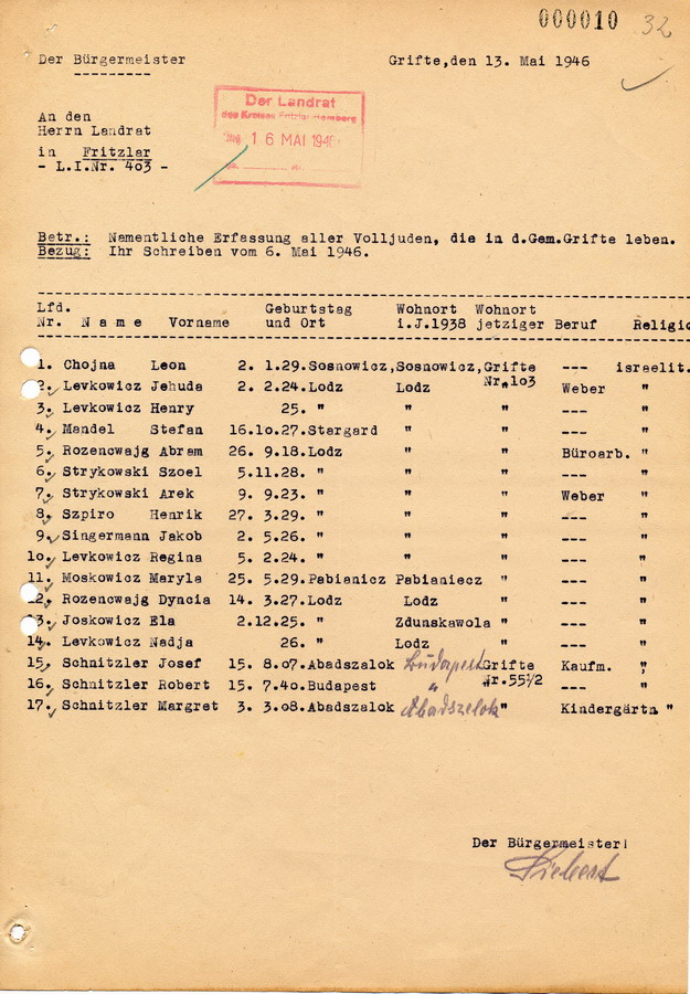 Schreiben des Bürgermeisters in Grifte an den Landrat in Fritzlar. Namentliche Erfassung aller "Volljuden", 13. Mai 1946
