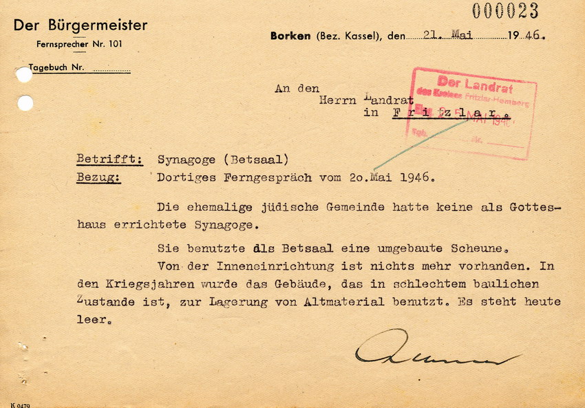 Schreiben des Bürgermeisters in Borken an den Landrat in Fritzlar. Informationen über die Synagoge in Borken, 21. Mai 1946.