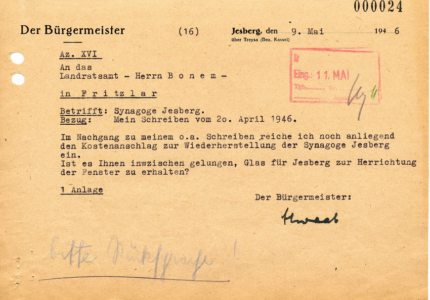 Schreiben des Bürgermeisters in Jesberg an den Landrat in Fritzlar. Kostenanschlag zur Wiederherstellung der Synagoge in Jesberg, 9. Mai 1946