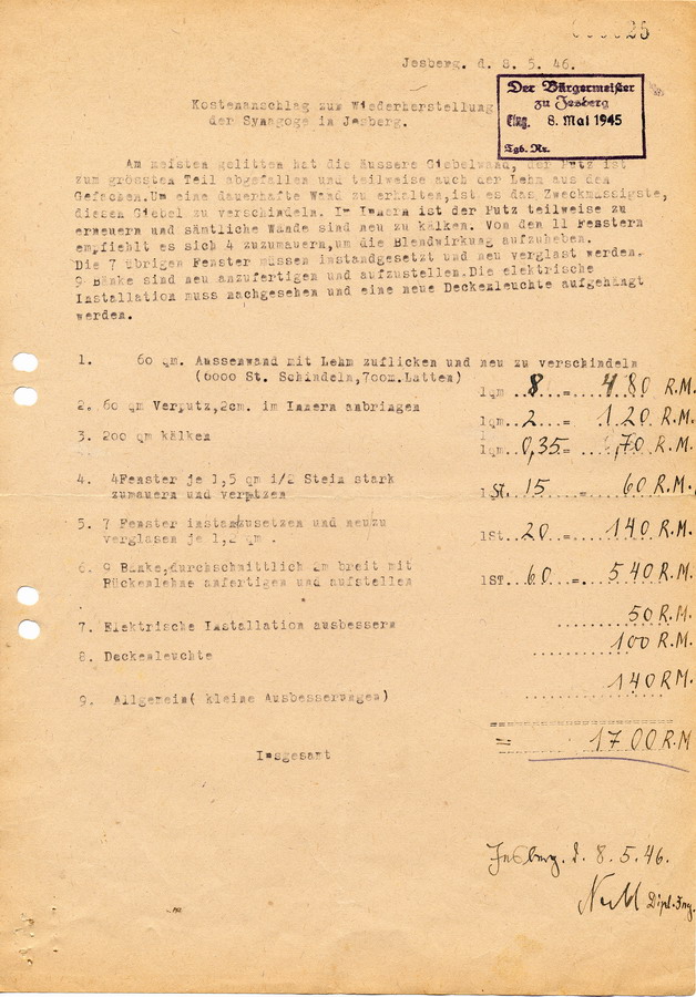 Schreiben des Bürgermeisters in Jesberg an den Landrat in Fritzlar. Kostenanschlag zur Wiederherstellung der Synagoge in Jesberg, 9. Mai 1946