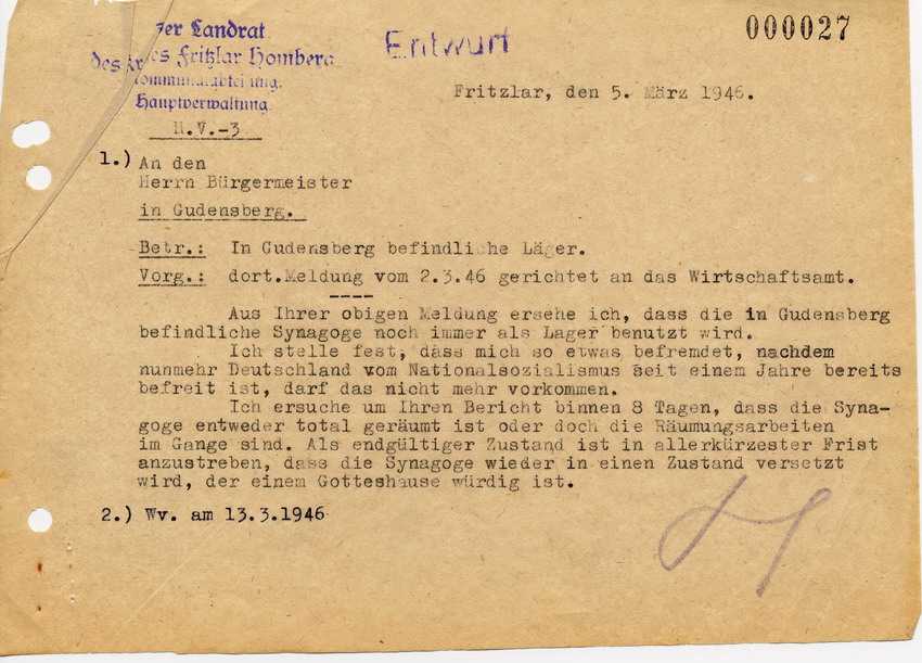 Schreiben des Landrats in Fritzlar an den Bürgermeister in Gudensberg. Problematische Nutzung der Synagoge als Lagerraum, 5. März 1946