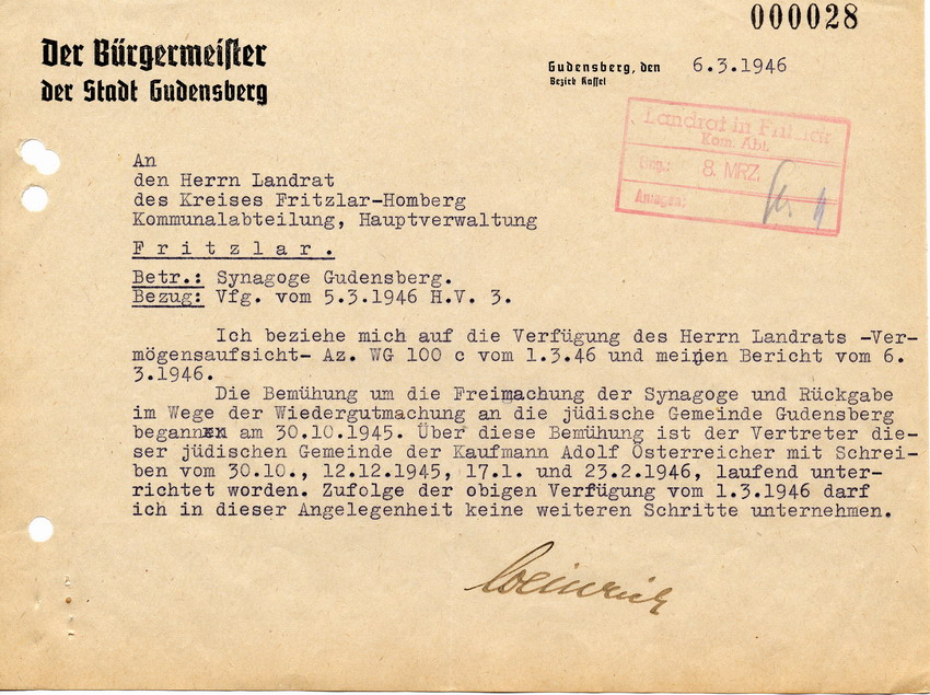 Schreiben des Bürgermeisters in Gudensberg an den Landrat in Fritzlar. Rückgabe der Synagoge in Gudensberg, 6. März 1946
