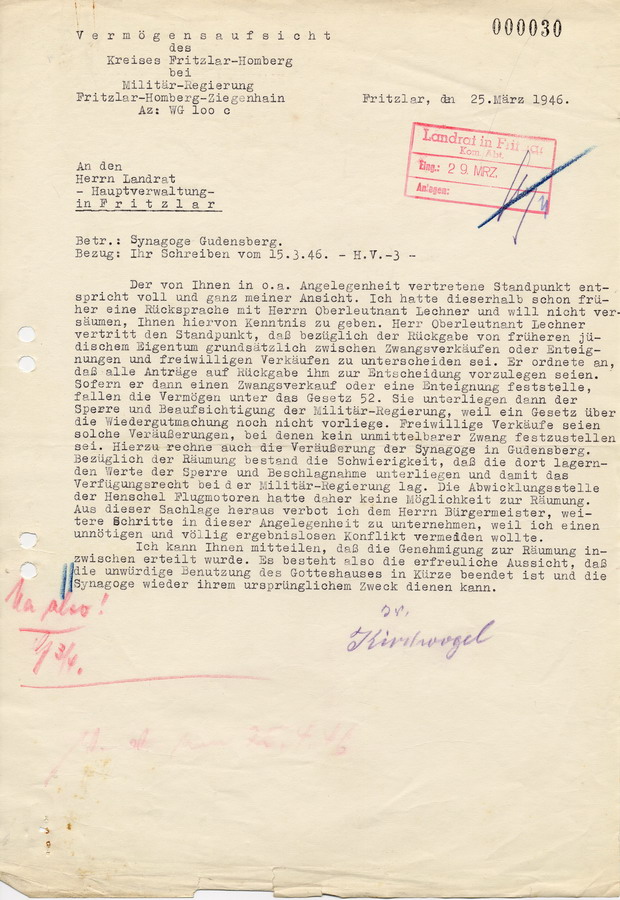Schreiben der Vermögensaufsicht des Kreises Fritzlar-Homberg an den Landrat in Fritzlar. Die Synagoge in Gudensberg wird geräumt, 25. März 1946