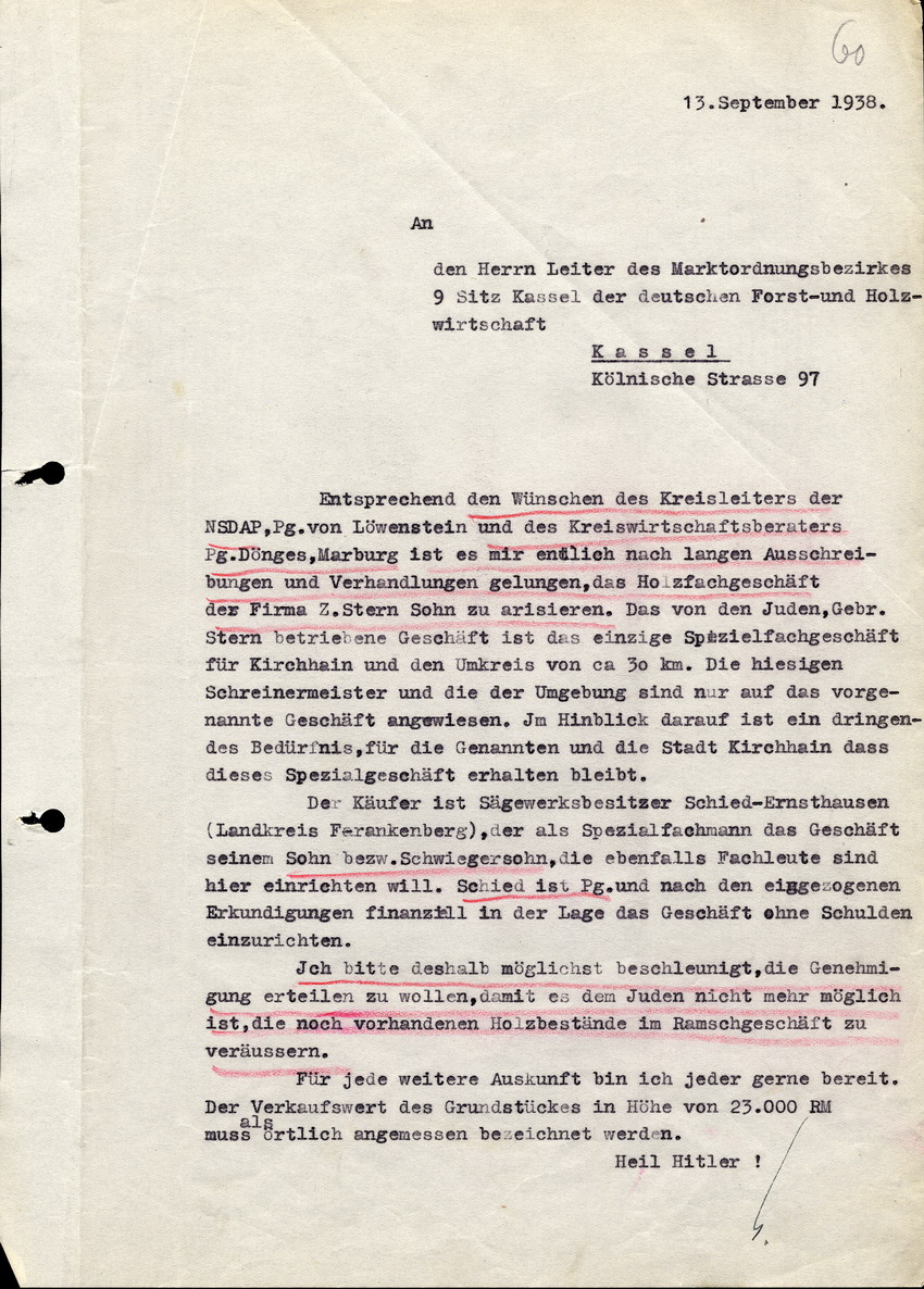 Der Bürgermeister in Kirchhain an den Leiter des Marktordnungsbezirkes 9, Kassel, der detschen Forst - und Holzwirtschaft, btr. Arisierung der Firma Z.Stern, 13. September 1938