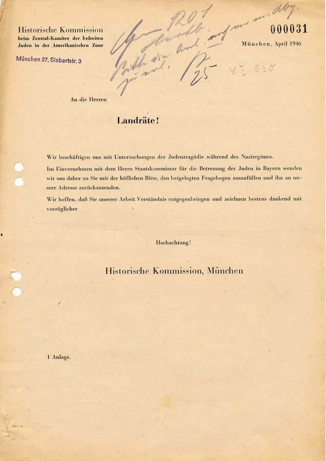 Schreiben der Historischen Kommission des Zentral-Komitees der befreiten Juden in der amerikanischen Zone an die Landräte Hessens. Bitte um Kooperation bei der Aufarbeitung, April 1946