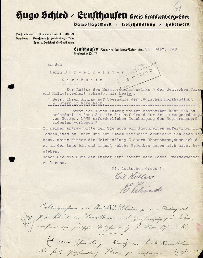 Fr. Hugo Schied in Ernsthausen an den Bürgermeister in Kirchhain, btr. Den Antrag auf Übernahme der jüdischen Holzhandlung Z.Stern in Kirchhain, 21. September 1938