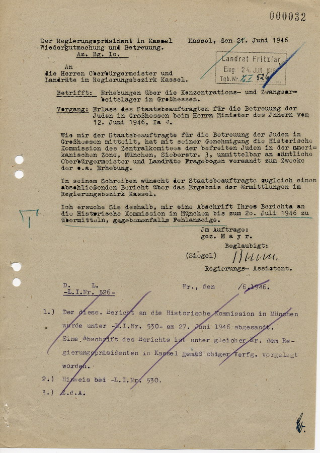 Schreiben des Regierungspräsidents in Kassel an die Landräte und Bürgermeister. Erhebungen über Konzentrations- und Arbeitslager in Hessen, 21. Juni 1946