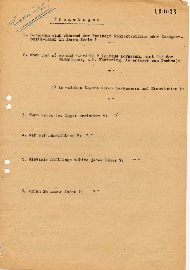 Schreiben des Regierungspräsidents in Kassel an die Landräte und Bürgermeister. Erhebungen über Konzentrations- und Arbeitslager in Hessen, 21. Juni 1946