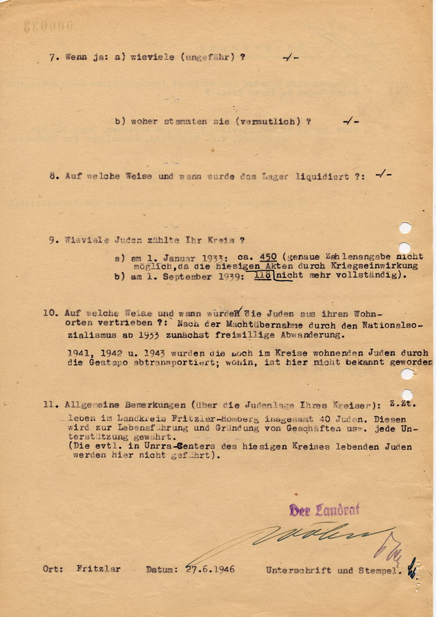 Schreiben des Regierungspräsidents in Kassel an die Landräte und Bürgermeister. Erhebungen über Konzentrations- und Arbeitslager in Hessen, 21. Juni 1946