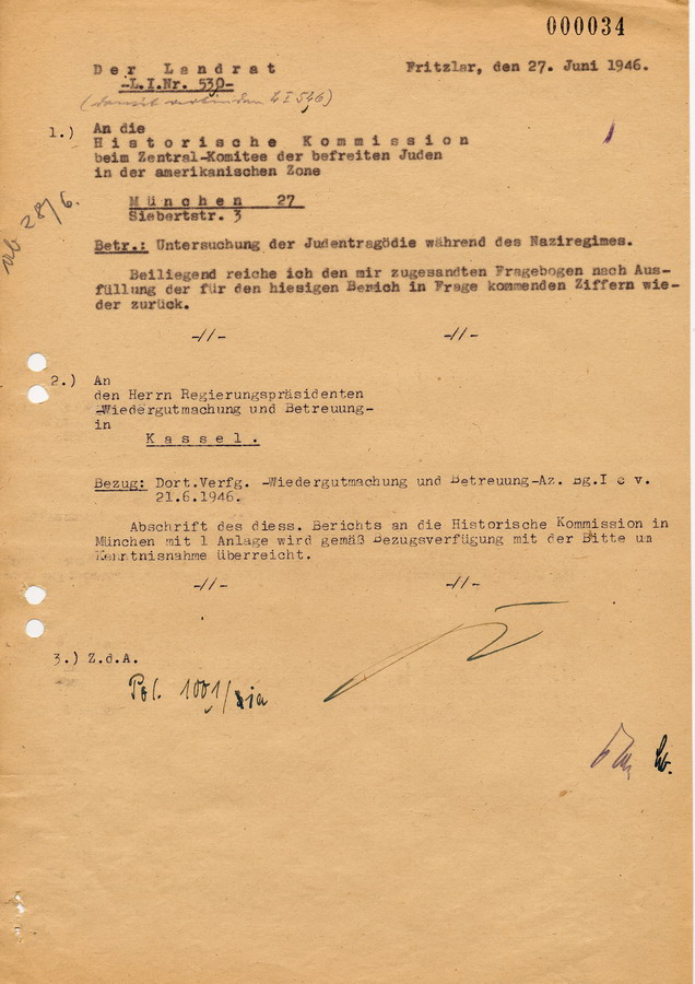Schreiben des Regierungspräsidents in Kassel an die Landräte und Bürgermeister. Erhebungen über Konzentrations- und Arbeitslager in Hessen, 21. Juni 1946