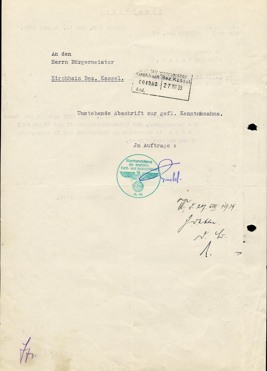 Der Reichsforstmeister in Berlin an Herrn Heinrich Engel in Ernsthausen, btr. Genehmigung zur Übernahme der jüd. Holzhandlung Z. Stern, 10. August 1938