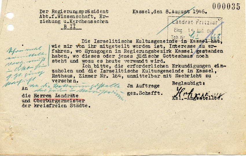 Schreiben des Regierungspräsidents in Kassel an die Landräte, Bürgermeister und Städte. Erhebung über zerstörte Synagogen im Regierungsbezirk Kassel, 8. August 1946