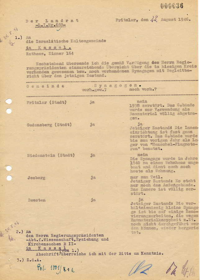 Schreiben des Landrats in Fritzlar an die Israelitische Kultusgemeinde in Kassel. Auflistung der Synagogen im Landkreis, 23. August 1946