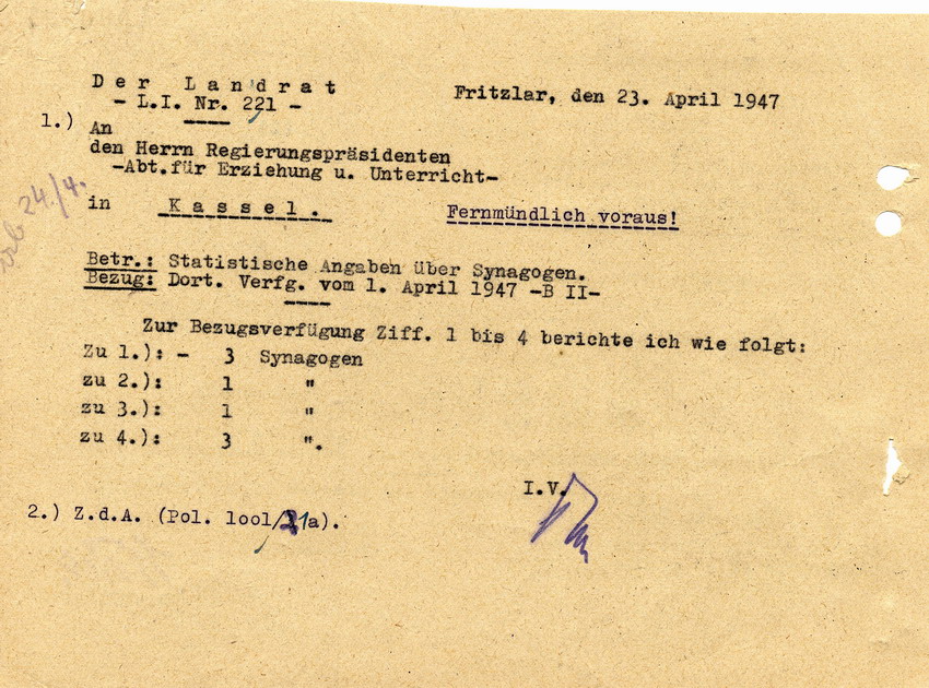 Schreiben des Regierungspräsidents in Kassel an die Landräte und Oberbürgermeister. Erhebung über Synagogen für die Militärregierung, 25. März 1947