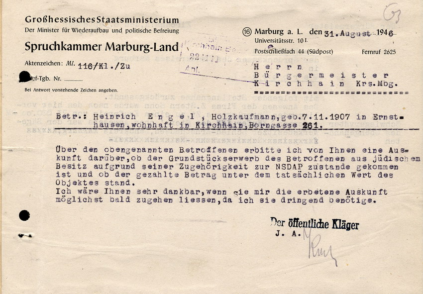 Das Großhessische Staatsministerium (Spruchkammer Marburg-Land) an den Bürgermeister in Kirchhain, btr. Heinrich Engel, Kauf der Holzhandlung Z.Stern, Kirchhain, 31. August 1946