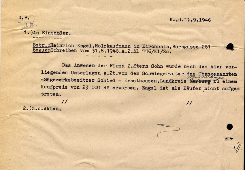 Das Großhessische Staatsministerium (Spruchkammer Marburg-Land) an den Bürgermeister in Kirchhain, btr. Heinrich Engel, Kauf der Holzhandlung Z.Stern, Kirchhain, 31. August 1946