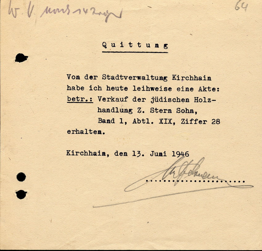 Quittung über den Erhalt einer Akte, btr. Verkauf der jüdischen Holzhandlung Z.Stern & Sohn,  Kirchhain, 13. Juni 1946