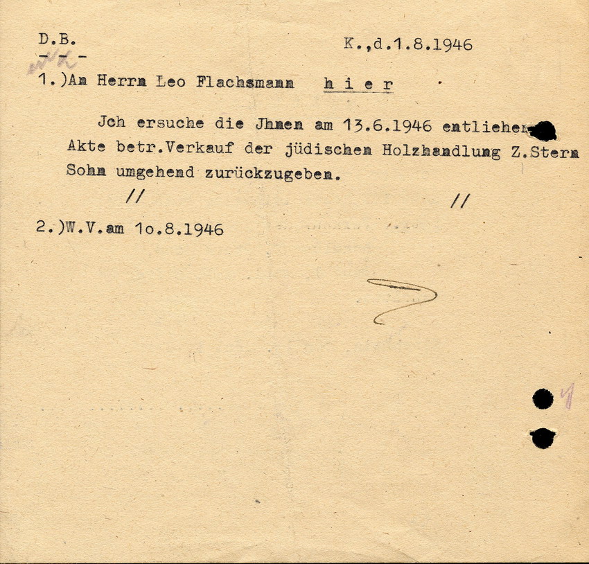 Quittung über den Erhalt einer Akte, btr. Verkauf der jüdischen Holzhandlung Z.Stern & Sohn,  Kirchhain, 13. Juni 1946