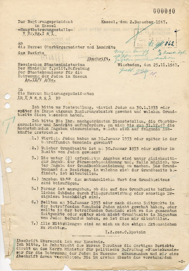 Schreiben des Regierungspräsidents in Kassel an die Oberbürgermeister und Landräte. Erhebung über ehemals jüdischen Grundbesitz, 2. Dezember 1947