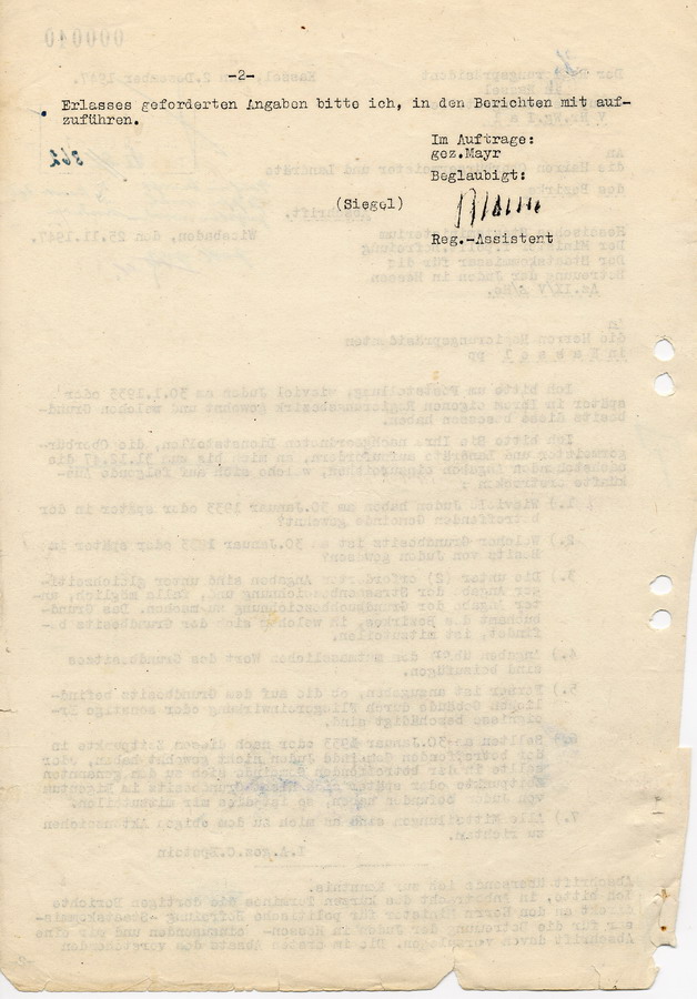 Schreiben des Regierungspräsidents in Kassel an die Oberbürgermeister und Landräte. Erhebung über ehemals jüdischen Grundbesitz, 2. Dezember 1947