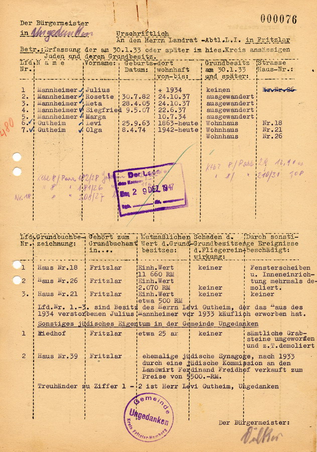 Schreiben des Regierungspräsidents in Kassel an die Oberbürgermeister und Landräte. Erhebung über ehemals jüdischen Grundbesitz, 2. Dezember 1947