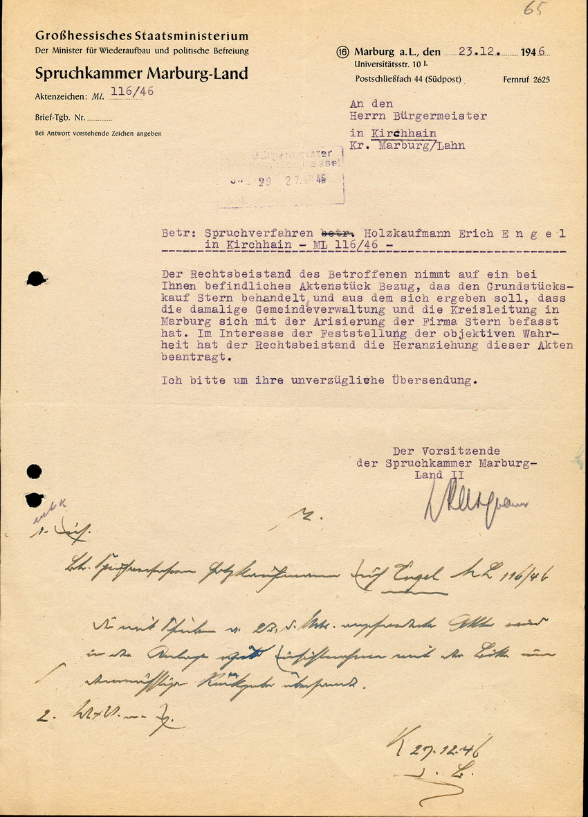 Das Großhessische Staatsministerium (Spruchkammer Marburg-Land) an den Bürgermeister in Kirchhain, btr. Spruchverfahren Erich Engel, Kirchhain, 31. August 1946
