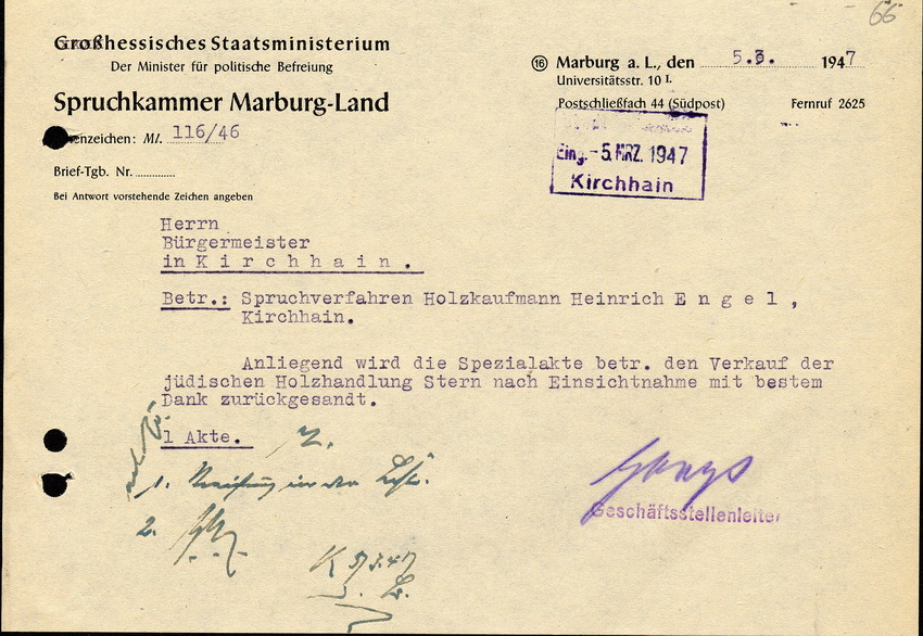 Das Großhessische Staatsministerium (Spruchkammer Marburg-Land) an den Bürgermeister in Kirchhain, btr. Spruchverfahren Holzkaufmann Heinrich Engel, 5. Februar 1947