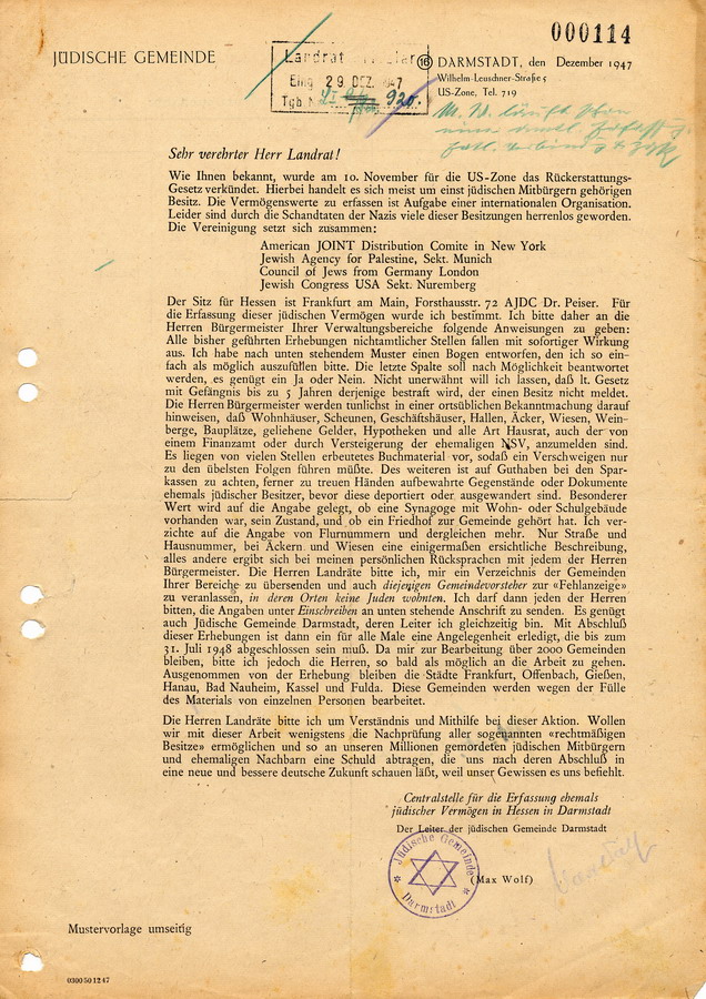 Schreiben der jüdischen Gemeinde in Darmstadt an den Landrat in Fritzlar. Erhebung über ehemals jüdische Grundstücke, 29.12. 1947