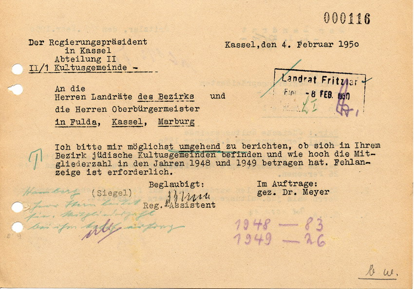 Schreiben des Regierungspräsidents in Kassel an die Landräte und Oberbürgermeister. Erhebung über jüdische Gemeinden und deren Mitglieder 1948 und 1949, 4. Feburar 1950