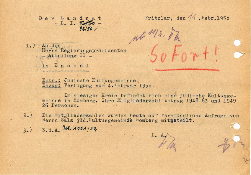 Schreiben des Landrats in Fritzlar an den Regierungspräsidenten in Kassel. Erhebung über jüdische Gemeinden und deren Mitglieder 1948 und 1949, 11. Februar 1950
