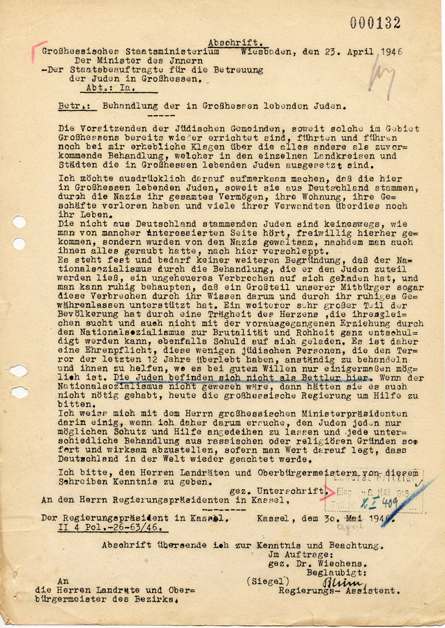 Schreiben des Großhessischen Staatsministerium/Ministerium des Innern an den Regierungspräsidenten in Kassel. Behandlung der in Großhessen lebenden Juden, 23. April 1946