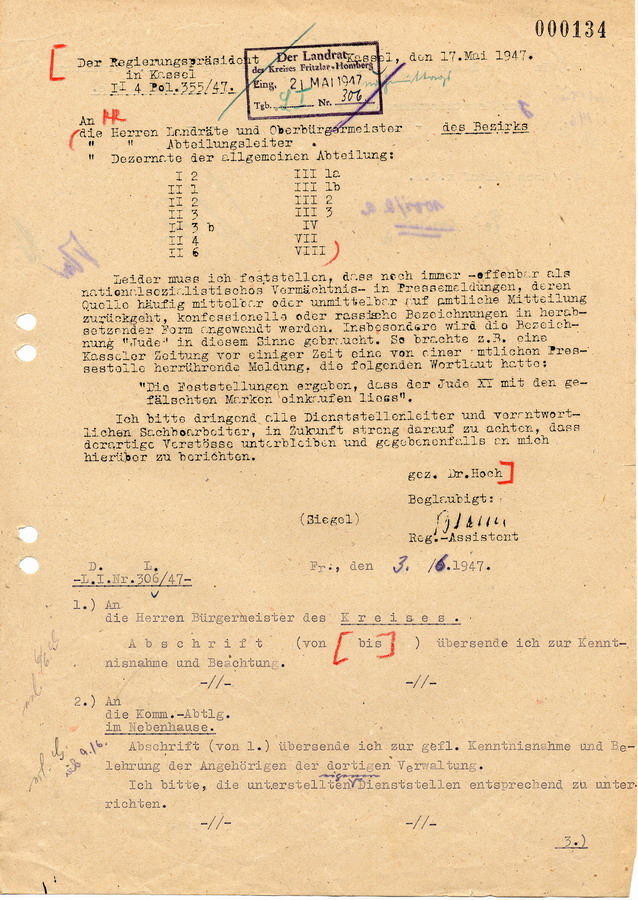 Schreiben des Regierungspräsidenten in Kassel an Landräte und Oberbürgermeister. Nationalsozialistischer Duktus soll eingestellt werden, 17. Mai 1947