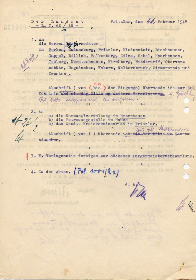 Schreiben des Regierungspräsidenten in Kassel an Landräte und Oberbürgermeister. Instandsetzung zerstörter jüdischer Kultstätten, 6. Februar 1948