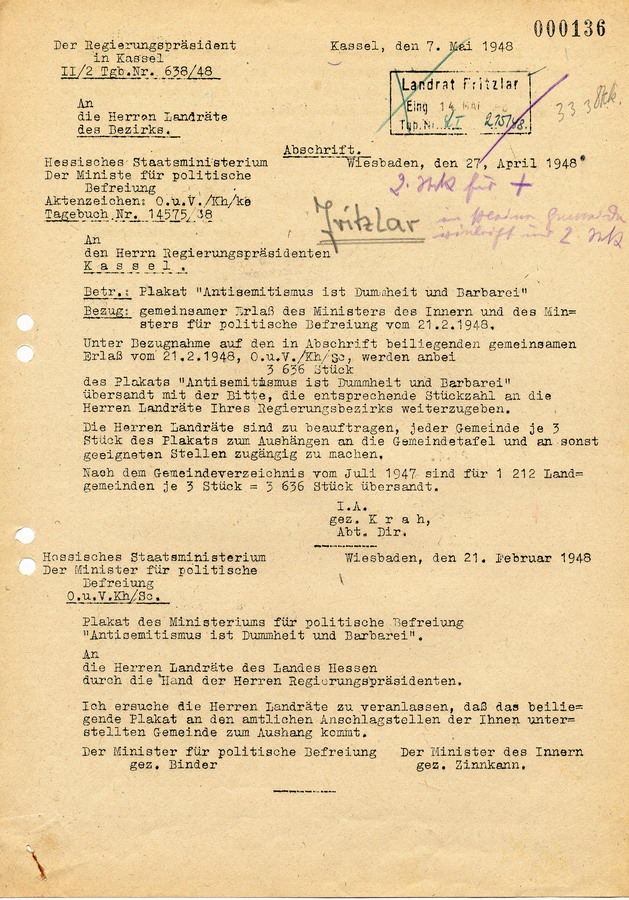 Schreiben des Regierungspräsendenten in Kassel an die Landräte. Plakat gegen Antisemitismus, 7. Mai 1948