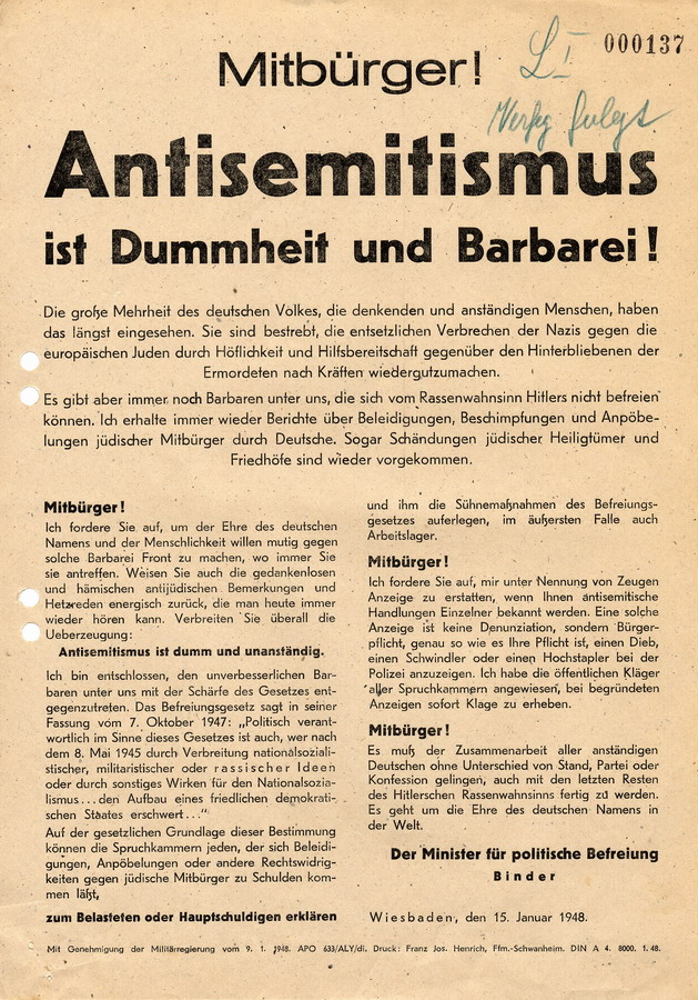 Schreiben des Regierungspräsendenten in Kassel an die Landräte. Plakat gegen Antisemitismus, 7. Mai 1948