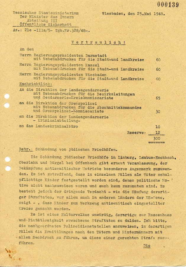 Vertrauliches Schreiben des Hessischen Staatsministeriums/Minister des Innern an die Regierungspräsidenten. Schändung von jüdischen Friedhöfen, 25. Mai 1948
