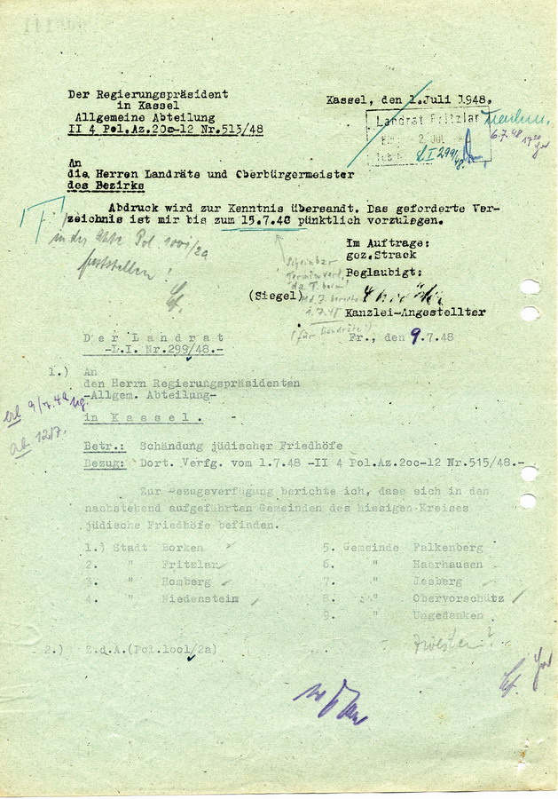 Abschrift eines Schreibens des Hessischen Ministers des Innern an die Regierungspräsidenten. Schändung jüdischer Friedhöfe. Erhebung über Friedhöfe, 15. Juni 1948