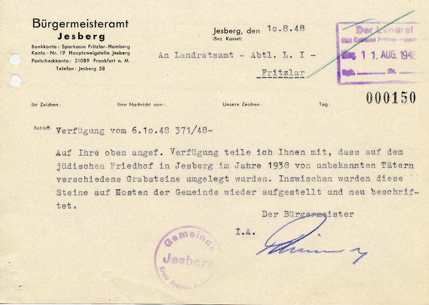 Schreiben des Bürgermeisters in Jesberg an den Landrat in Fritzlar. Schändung von jüdischen Friedhöfen, 10. August 1948