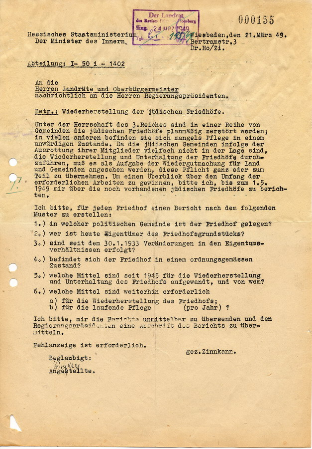Schreiben des Hessischen Ministers des Innern an die Landräte und Oberbürgermeister. Wiederherstellung der jüdischen Friedhöfe, 21. März 1949
