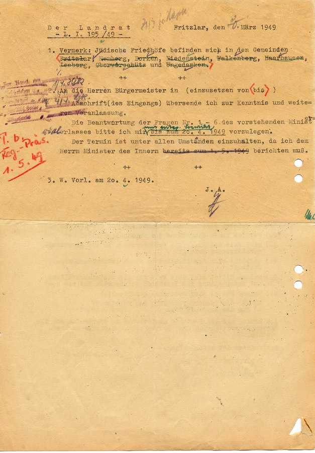 Schreiben des Hessischen Ministers des Innern an die Landräte und Oberbürgermeister. Wiederherstellung der jüdischen Friedhöfe, 21. März 1949