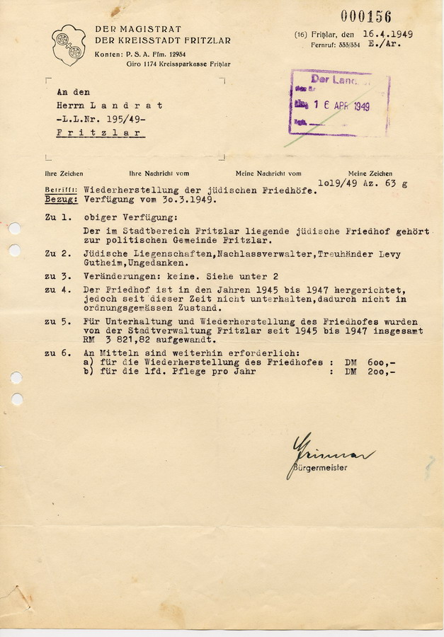 Schreiben des Bürgermeisters in Fritzlar an den Landrat in Fritzlar. Bericht über jüdische Friedhöfe, 16. April 1949