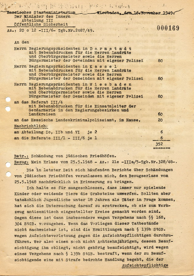 Schreiben des Hessischen Staatsministeriums/Minister des Innern an die Regierungspräsidenten. Schändung von jüdischen Friedhöfen, 16. November 1949
