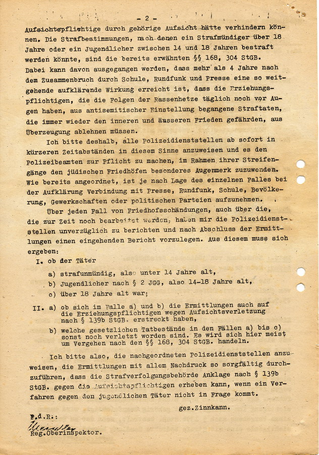 Schreiben des Hessischen Staatsministeriums/Minister des Innern an die Regierungspräsidenten. Schändung von jüdischen Friedhöfen, 16. November 1949