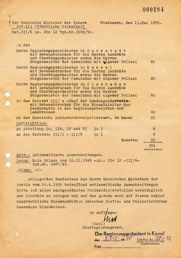 Schreiben des Hessischen Ministers des Innern an die Regierungspräsidenten. Erlass zu antisemitischen Ausschreitungen, 13. Mai 1950