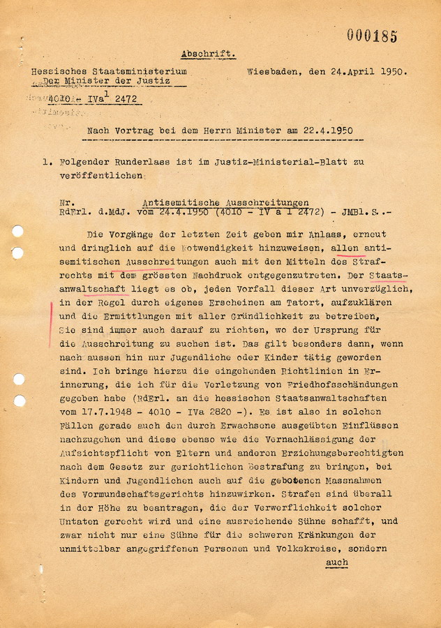 Schreiben des Hessischen Ministers des Innern an die Regierungspräsidenten. Erlass zu antisemitischen Ausschreitungen, 13. Mai 1950