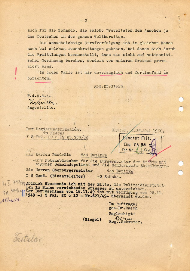 Schreiben des Hessischen Ministers des Innern an die Regierungspräsidenten. Erlass zu antisemitischen Ausschreitungen, 13. Mai 1950