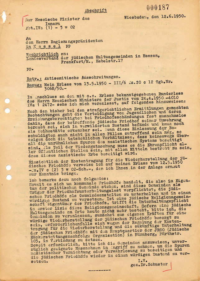 Schreiben des Hessischen Ministers des Innern an den Regierungspräsidenten in Kassel. Maßnahmen gegen antisemitische Ausschreitungen, jüdische Friedhöfe, 12. Juni 1950